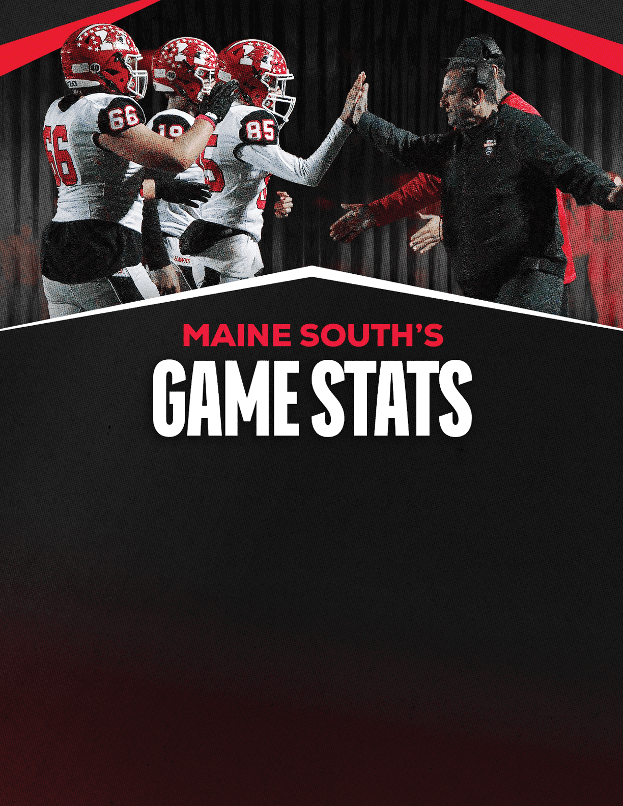 A group of football players in black uniforms with red helmets are gathered together on a field with a referee nearby, above bold text reading Maine South's Game Stats. Description generated by AI