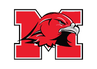 A bold red letter M with a fierce red hawk head in front, featuring sharp black and white details. Description generated by AI