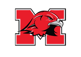 A bold red letter M with a fierce red hawk head in front, featuring sharp black and white accents. Description generated by AI