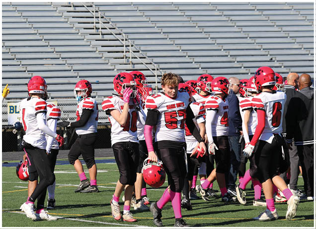 A group of people wearing red helmets and white sports jerseys with black pants are gathered on a football field with empty bleachers in the background. Description generated by AI