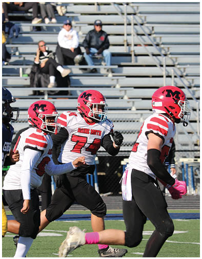 Two people in red helmets and white football jerseys with black pants are running on a field during a game with spectators in the background. Description generated by AI