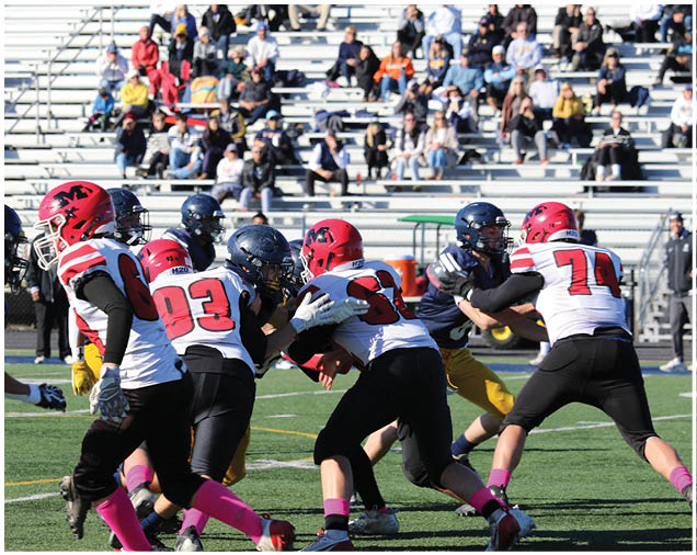 People wearing football uniforms with red and black or blue and yellow colors are engaged in a play on a football field with spectators in the background. Description generated by AI