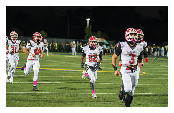 Several people in white and red football uniforms are running on a well-lit field at night. Description generated by AI