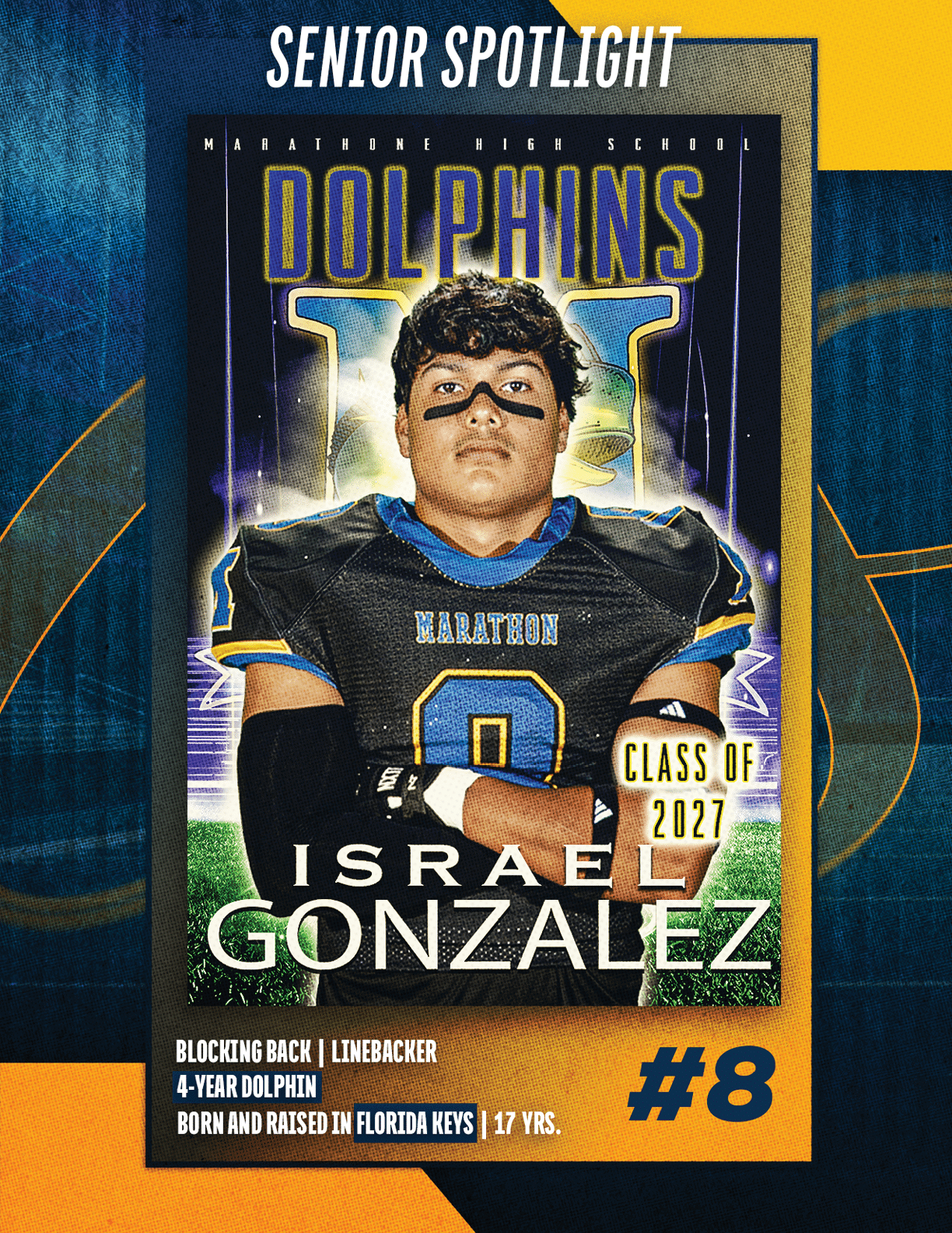 A football player wearing a blue and red jersey with the number 15 on it. Description generated by AI