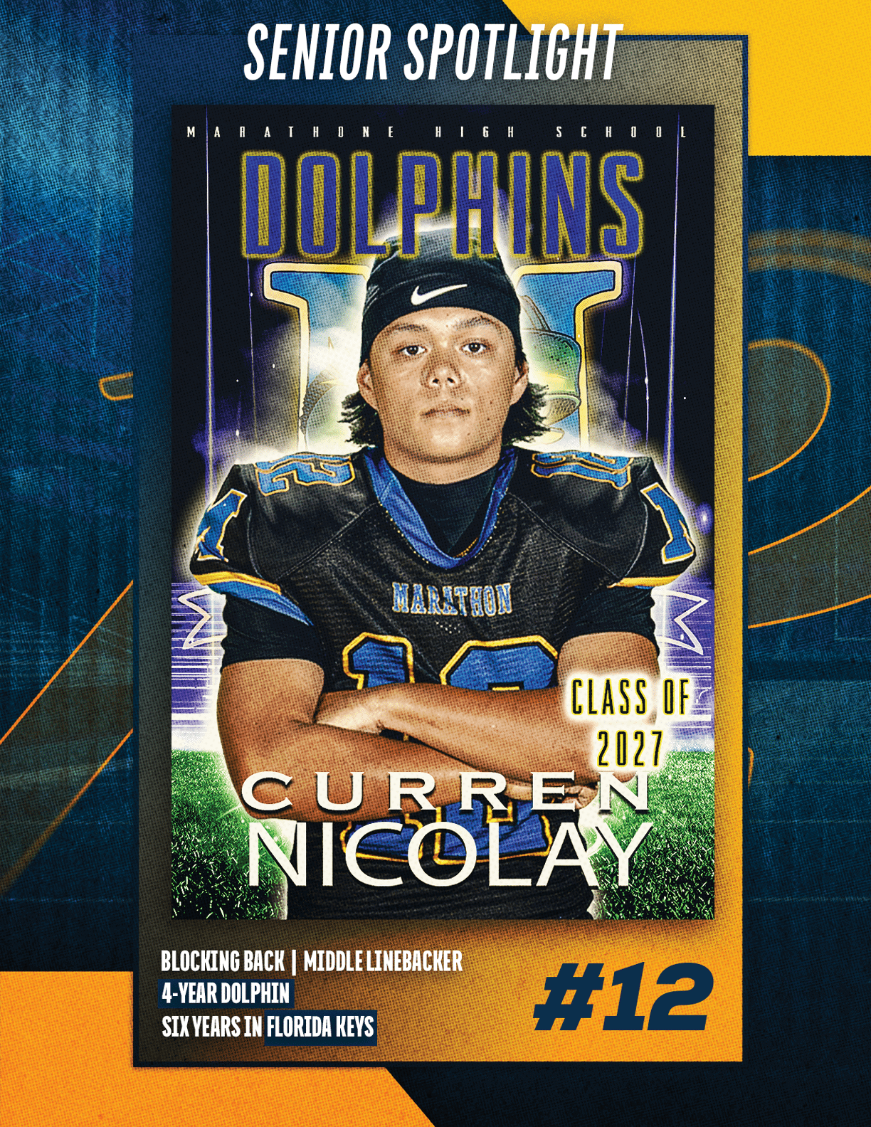 A football player wearing a blue and red jersey with the number 15 on it. Description generated by AI