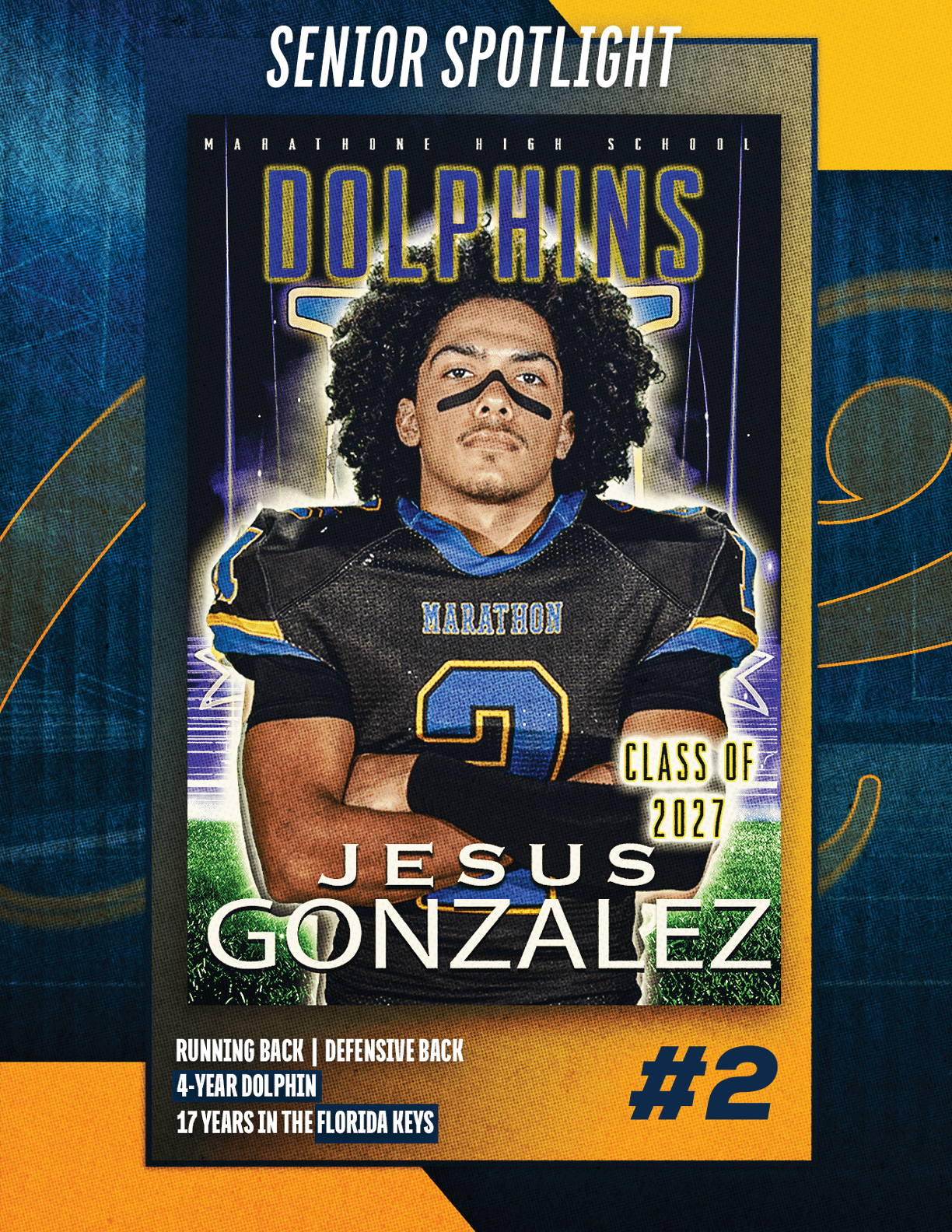 A football player wearing a blue and red jersey with the number 15 on it. Description generated by AI