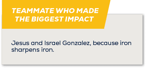 TEAMMATE WHO MADE THE BIGGEST IMPACT ,Jesus and Israel Gonzalez, because iron sharpens iron