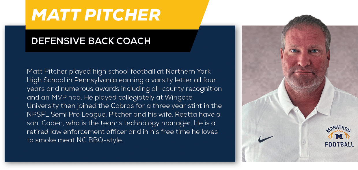 Matt Pitcher,Defensive Back Coach,Matt Pitcher played high school football at Northern York High School in Pennsylvan...