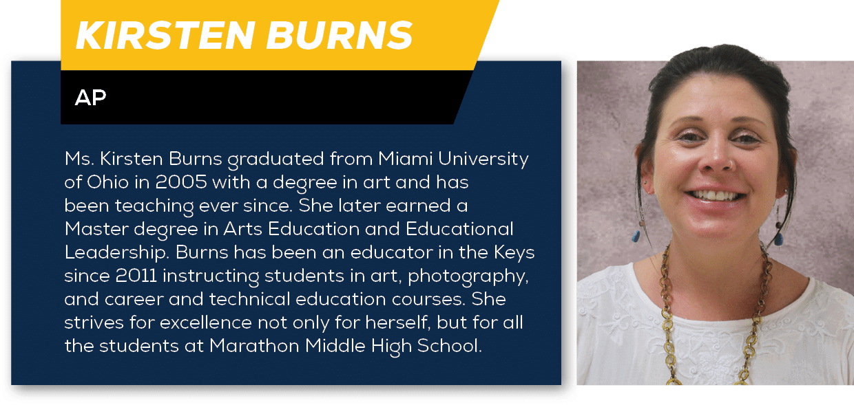 Kirsten Burns,AP,Ms. Kirsten Burns graduated from Miami University of Ohio in 2005 with a degree in art and has been ...