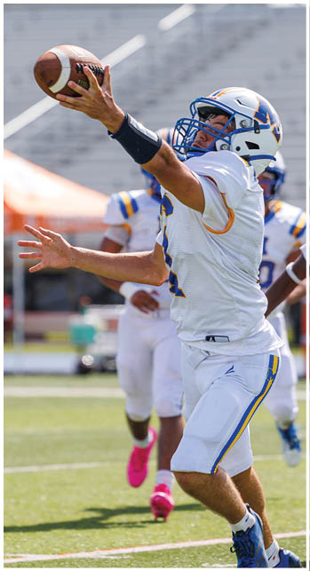 A football player running on the field. Description generated by AI