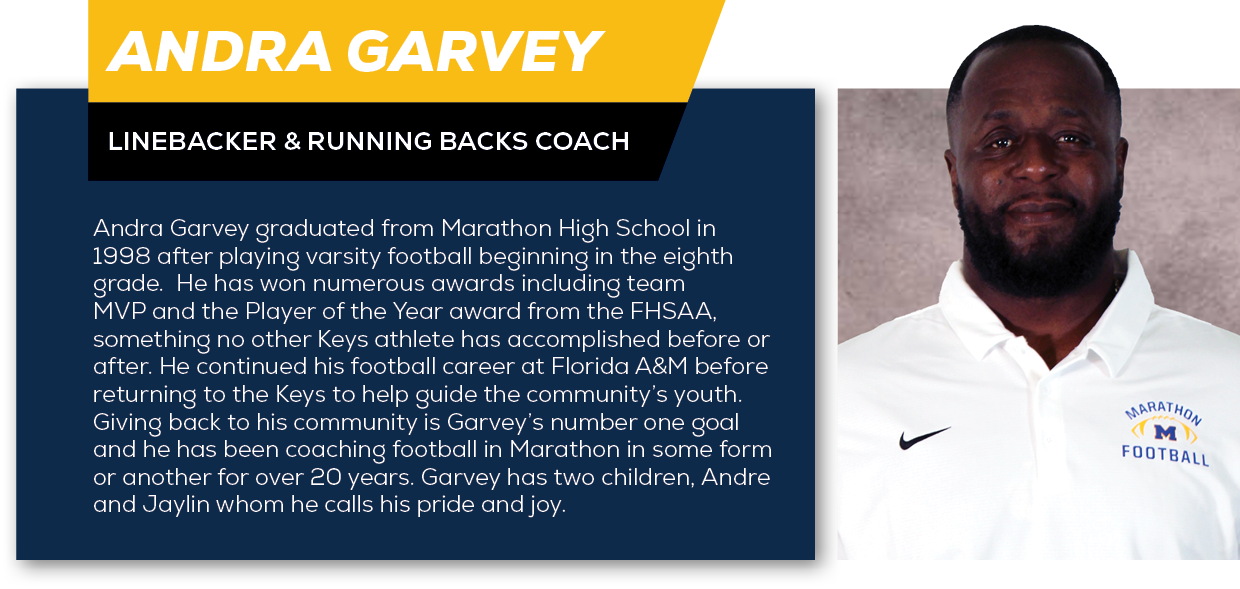 Andra Garvey,Linebacker & Running Backs Coach,Andra Garvey graduated from Marathon High School in 1998 after playing ...