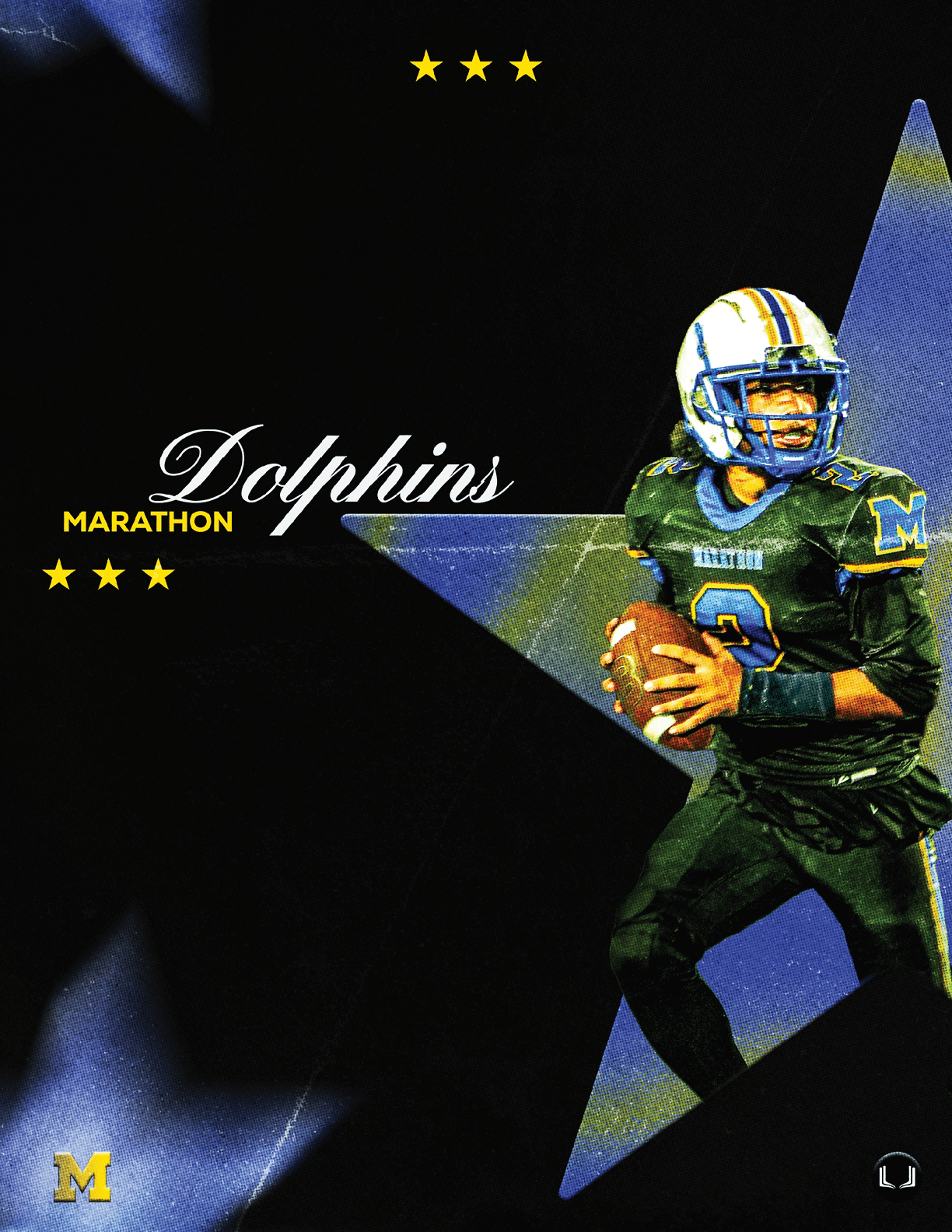 A football player wearing a blue and white uniform. Description generated by AI