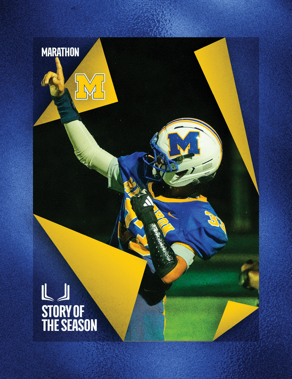A football player wearing a blue and white uniform. Description generated by AI
