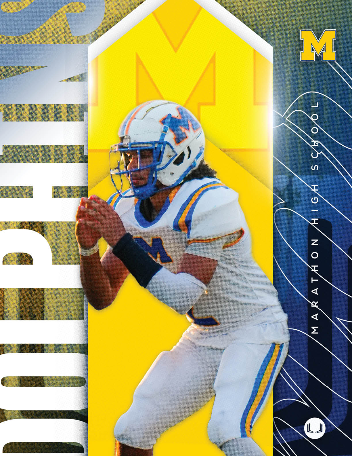 A football player wearing a blue and white uniform. Description generated by AI