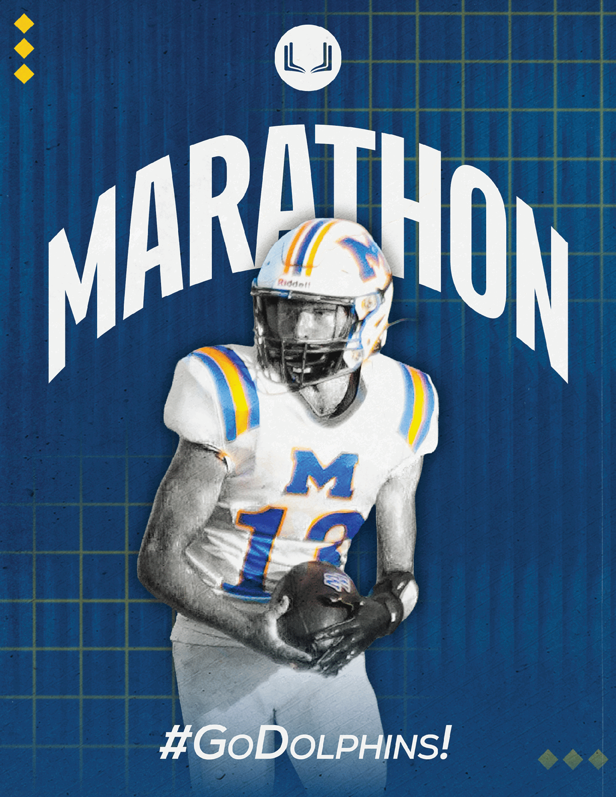A football player wearing a blue and white uniform. Description generated by AI