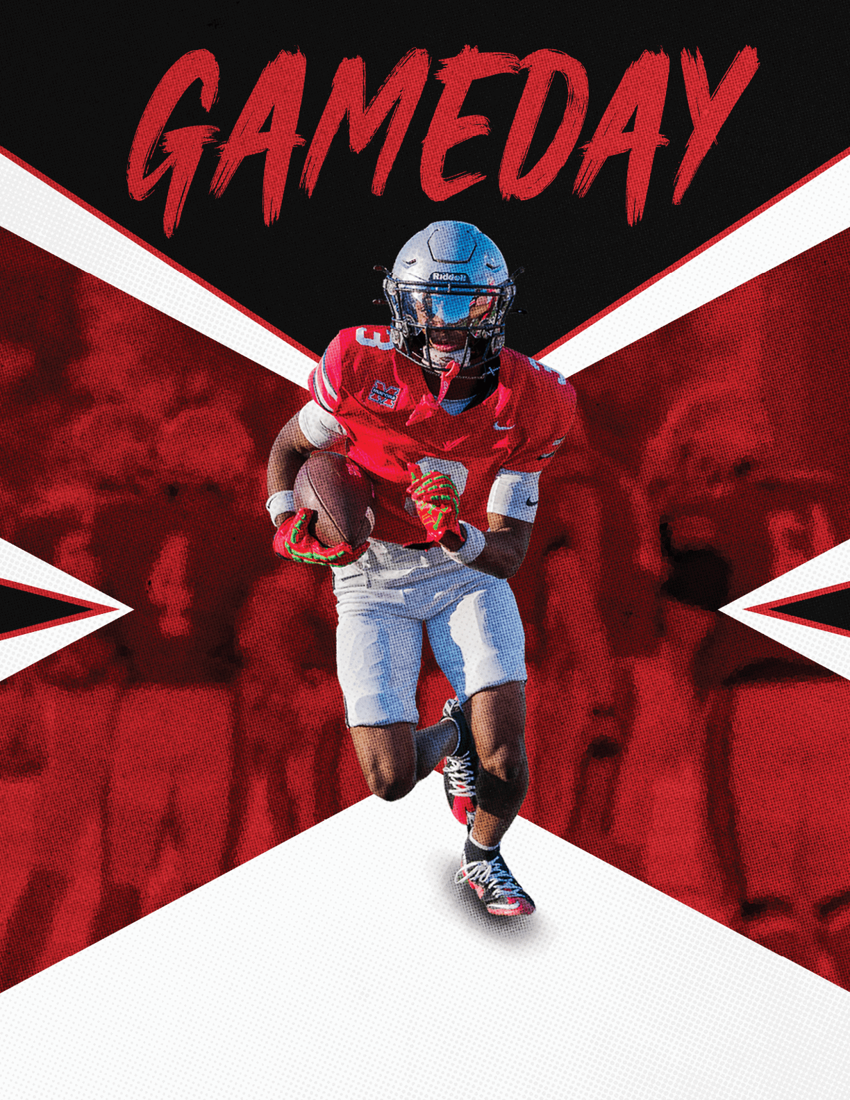 A person in a red football uniform and helmet is running with a football against a stylized red and white background with the word GAMEDAY in bold red letters at the top. Description generated by AI