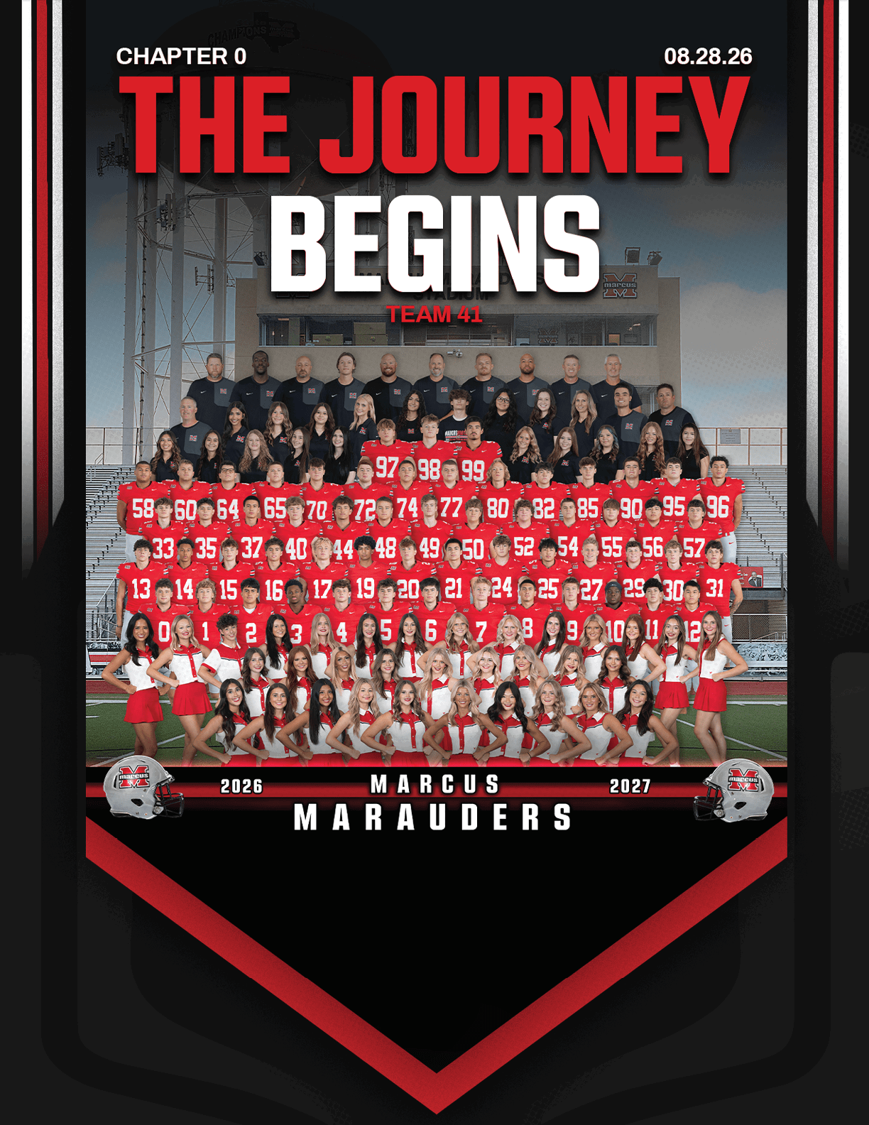 A large group of people in red sports uniforms and cheerleading outfits pose together on bleachers with coaches or staff in black shirts behind them, under bold text reading “The Journey Begins" and "Marcus Marauders." Description generated by AI