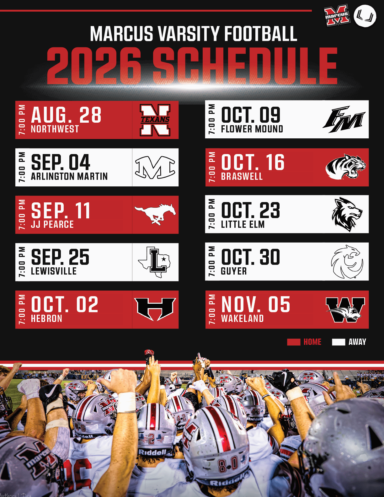 The Marcus Varsity Football 2026 schedule is displayed with dates, opponents, and home or away game indicators alongside a photo of a football team celebrating on the field. Description generated by AI