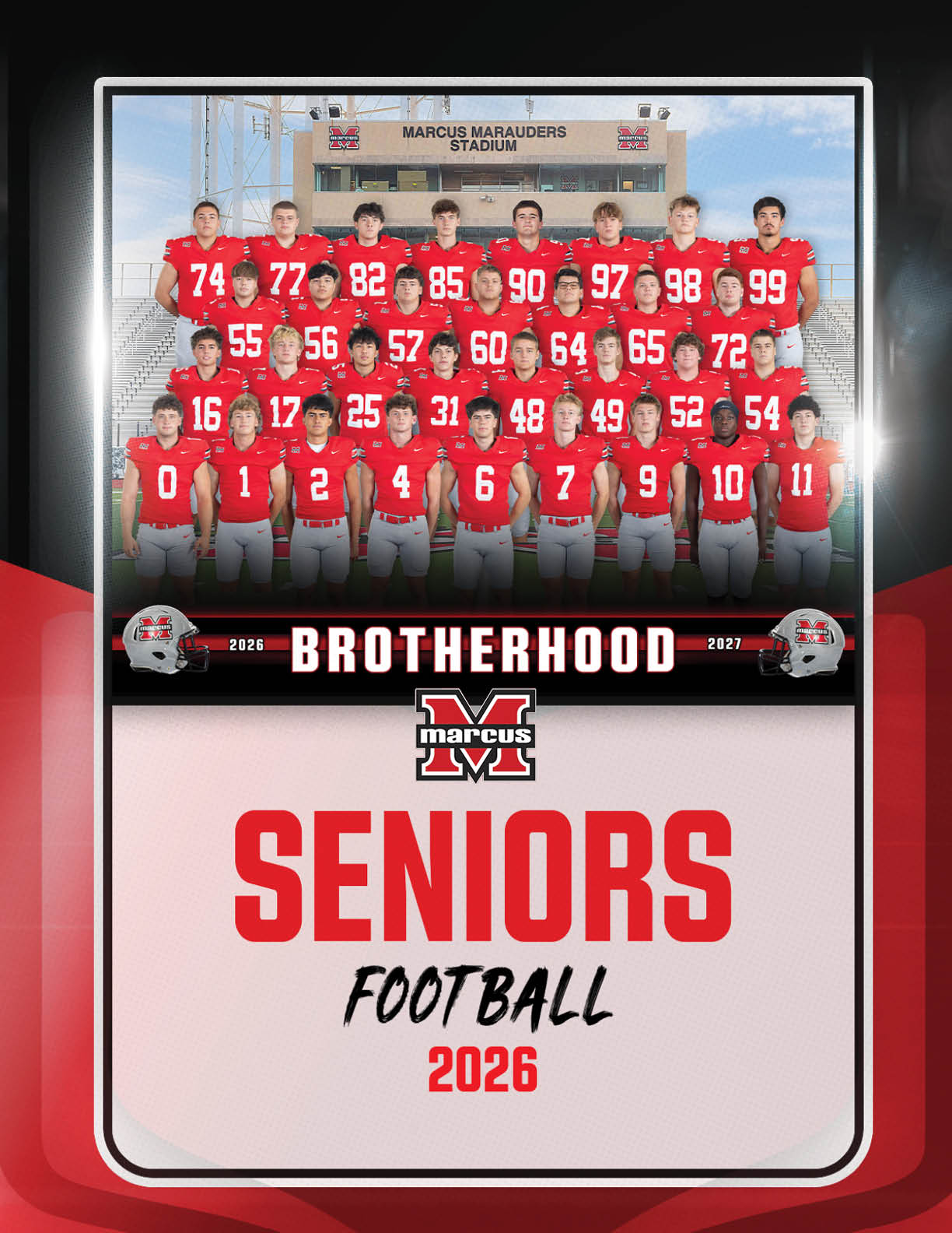 A group of adults wearing red football jerseys with white pants pose in rows on bleachers in front of a stadium labeled Marcus Marauders with the text Brotherhood Seniors Football 2026 below. Description generated by AI