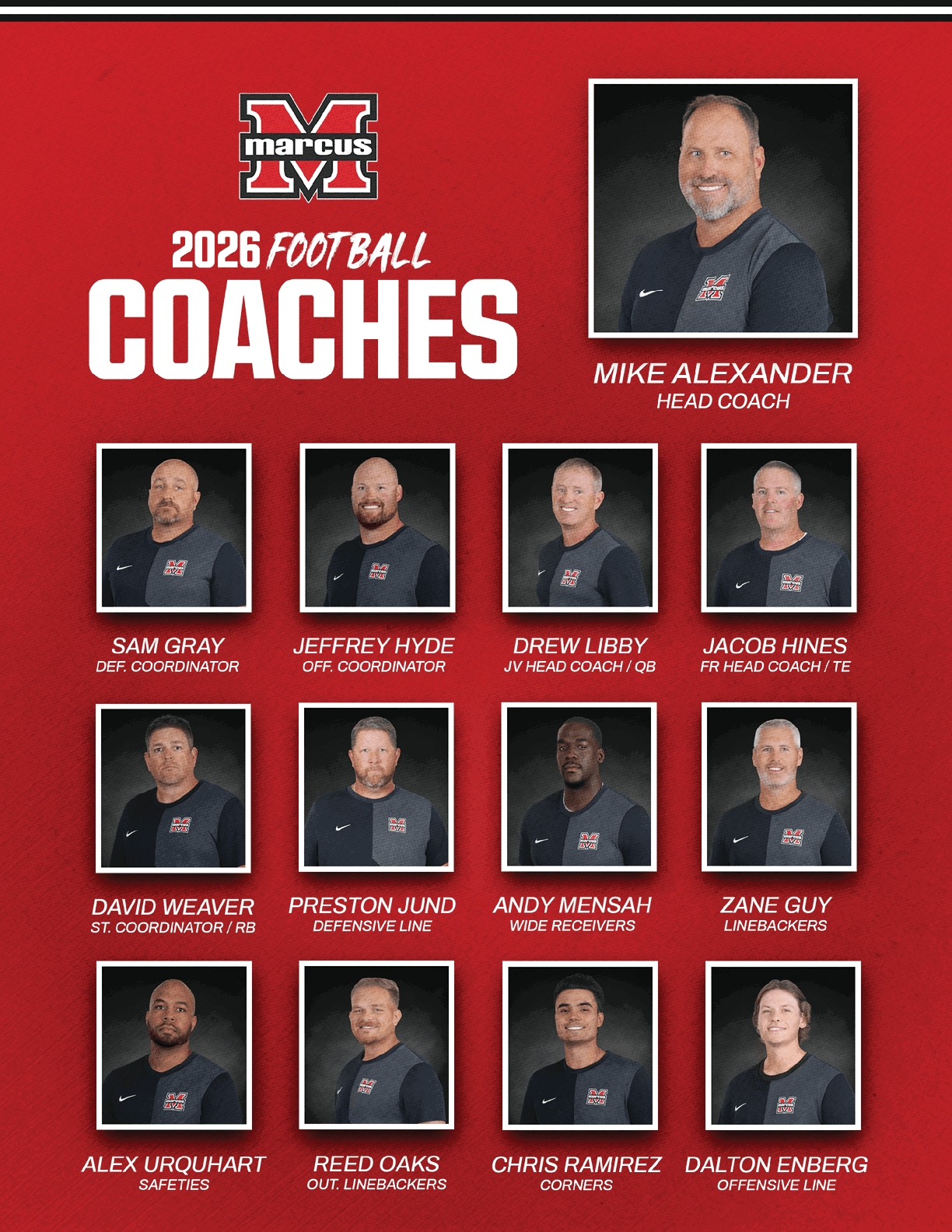 A red graphic displays the 2026 football coaching staff for Marcus with headshots of adults wearing black shirts and their names and roles listed below each photo. Description generated by AI