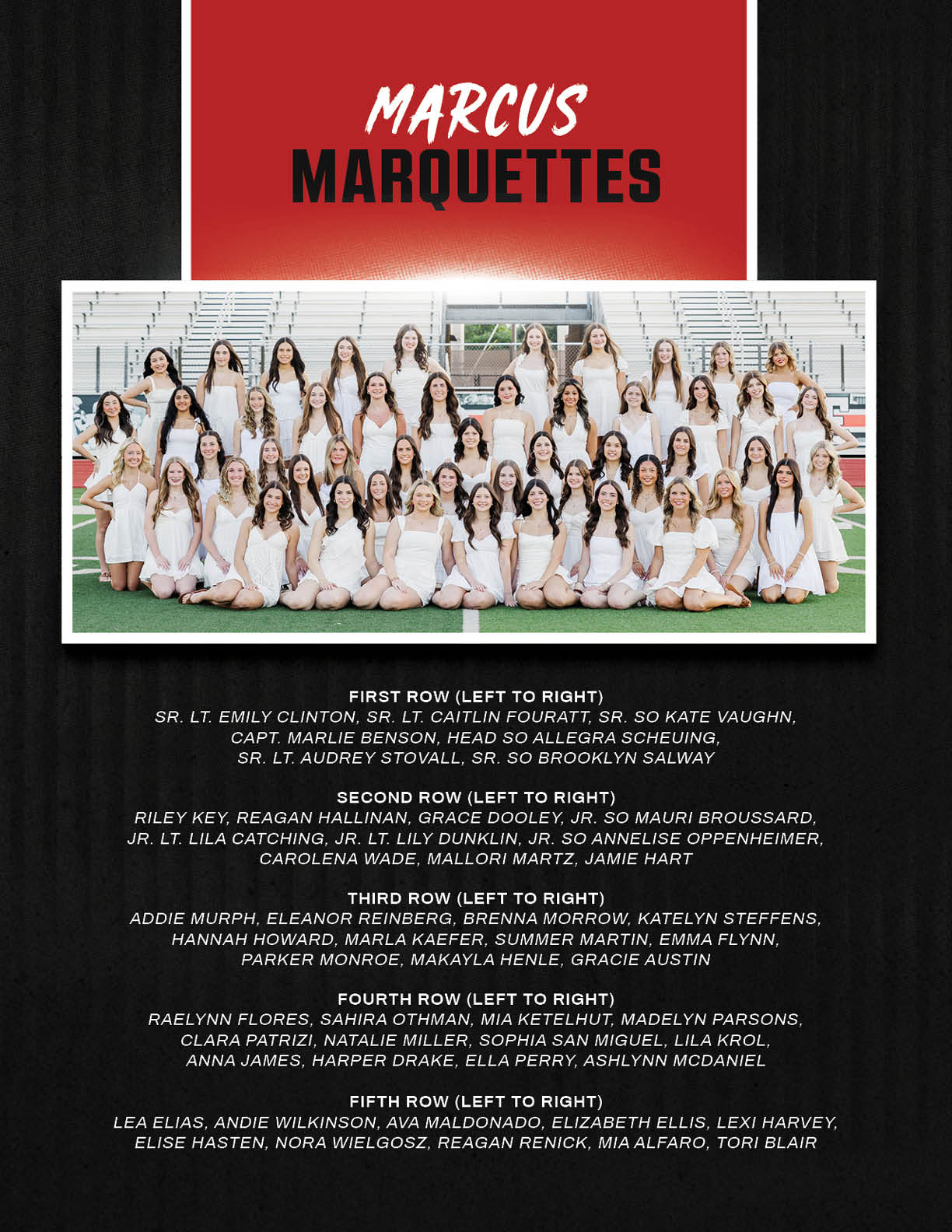 Two group photos show adults dressed in white dresses posing on bleachers with names and titles identifying them as Marcus Marquettes and Senior Marquettes. Description generated by AI