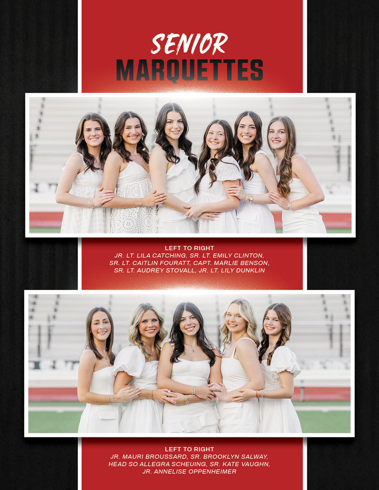 A large group of adults dressed in white are posed together on bleachers with smaller groups of adults in white dresses posed in front of a red and black background labeled Marcus Marquettes and Senior Marquettes. Description generated by AI