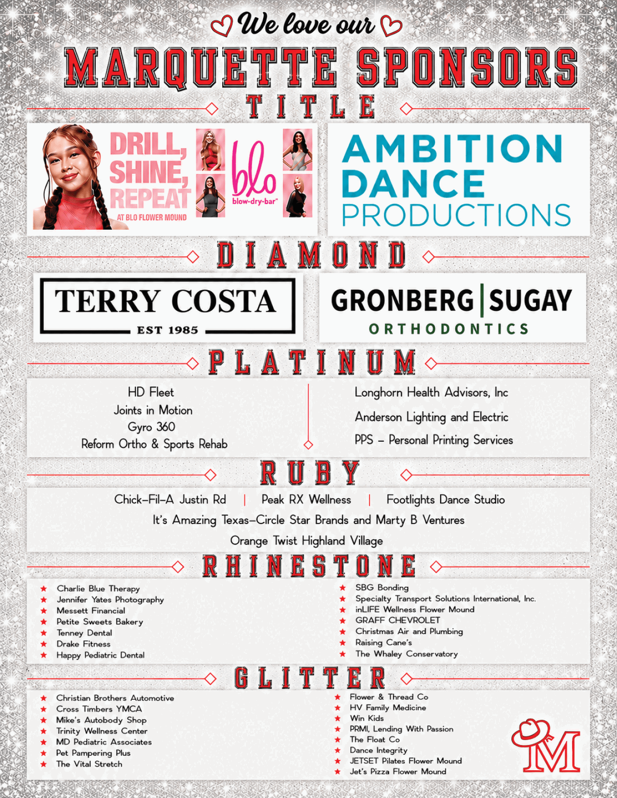 A colorful sponsorship poster for Marquette featuring various business logos and names organized by title, diamond, platinum, ruby, rhinestone, and glitter levels with a background of silver glitter and a photo of a smiling child with braided hair. Description generated by AI