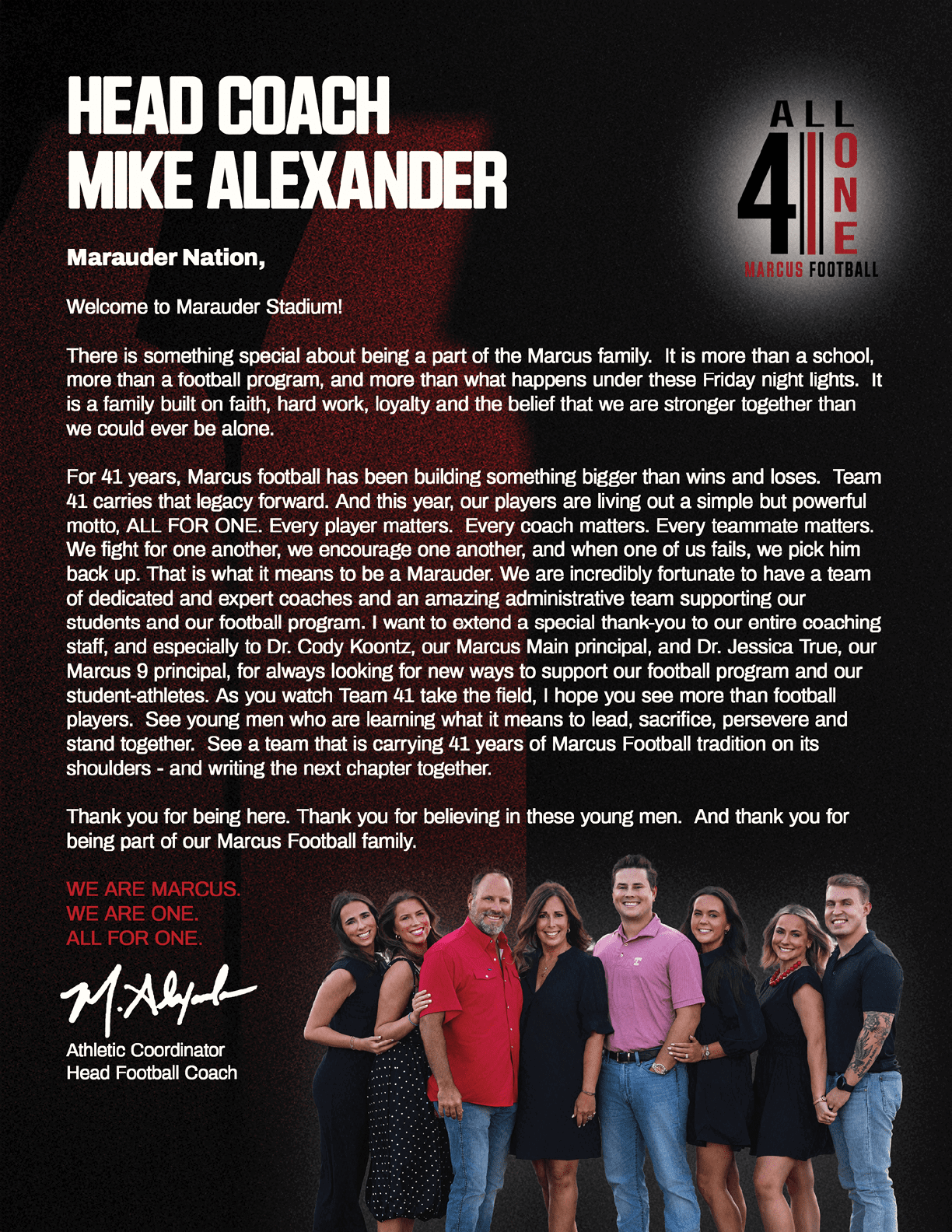 A motivational letter from Head Coach Mike Alexander to Marauder Nation is displayed with a group photo of smiling adults in casual clothing at the bottom right and a black and red background featuring the Marauder Football logo. Description generated by AI