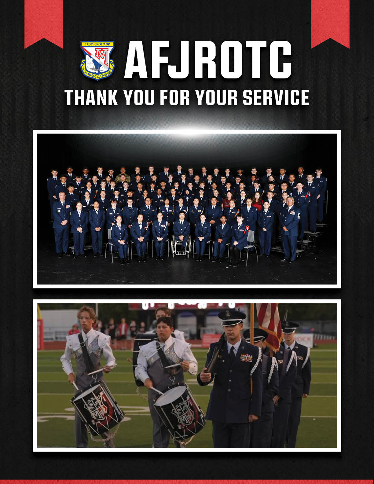 A group of people in formal military uniforms pose for a group photo above another group marching on a field with drums and flags, all under the text AFJROTC thank you for your service. Description generated by AI