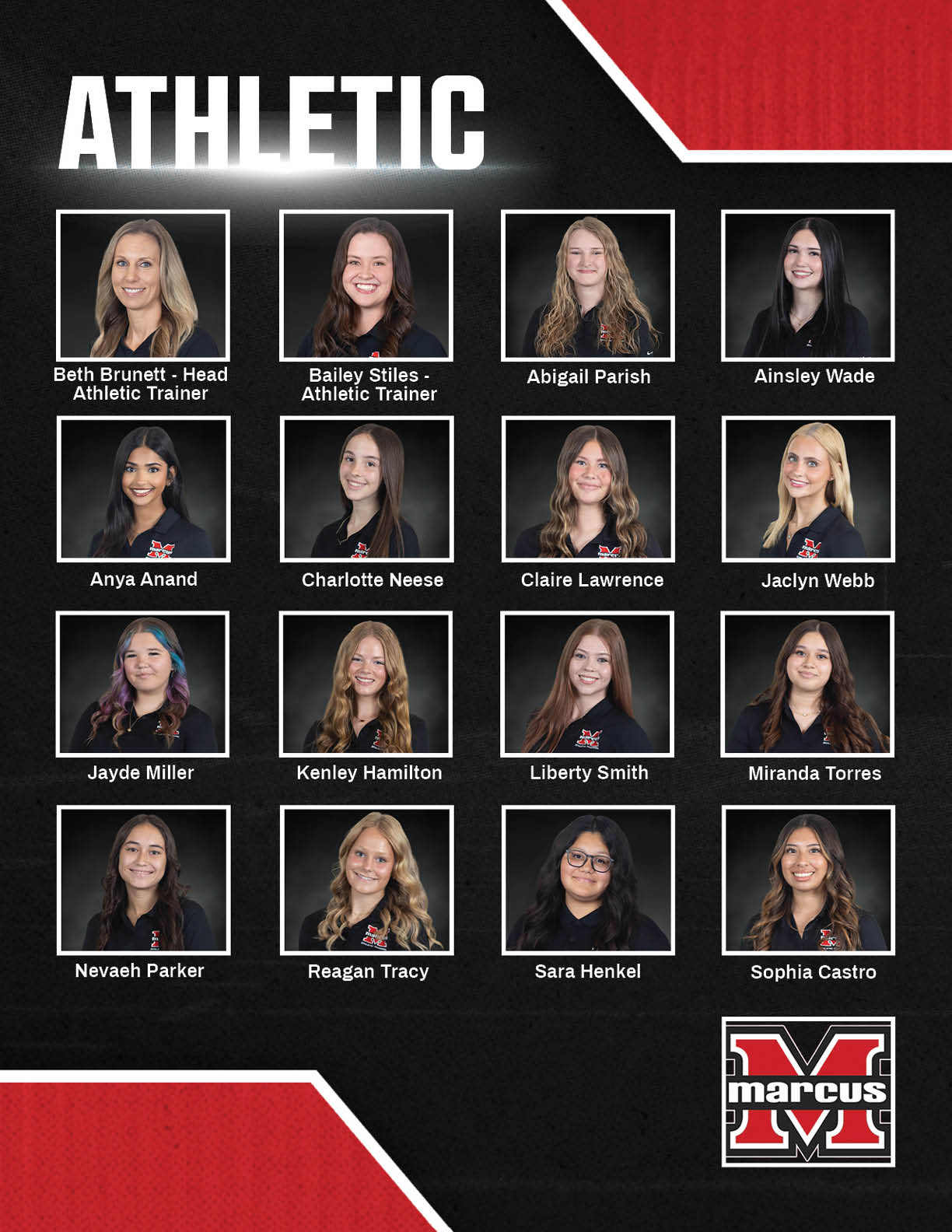 A collage features individual portraits and group photos of athletic trainers wearing black shirts with a red and black background and text labeling them as athletic trainers along with sponsor logos at the bottom. Description generated by AI