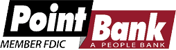 The logo features the words “Point Bank" with "Point" in white italicized text on a black background and "Bank" in white italicized text on a maroon background, accompanied by the phrases "MEMBER FDIC" and "A PEOPLE BANK" below. Description generated by AI