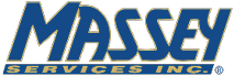 The logo features the word “MASSEY" in bold blue letters with a gold outline above the phrase "SERVICES INC." in gold italicized capital letters on a blue background. Description generated by AI