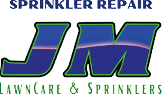 Bold text in blue and green reads JM with smaller text above saying sprinkler repair and below saying lawn care & sprinklers. Description generated by AI