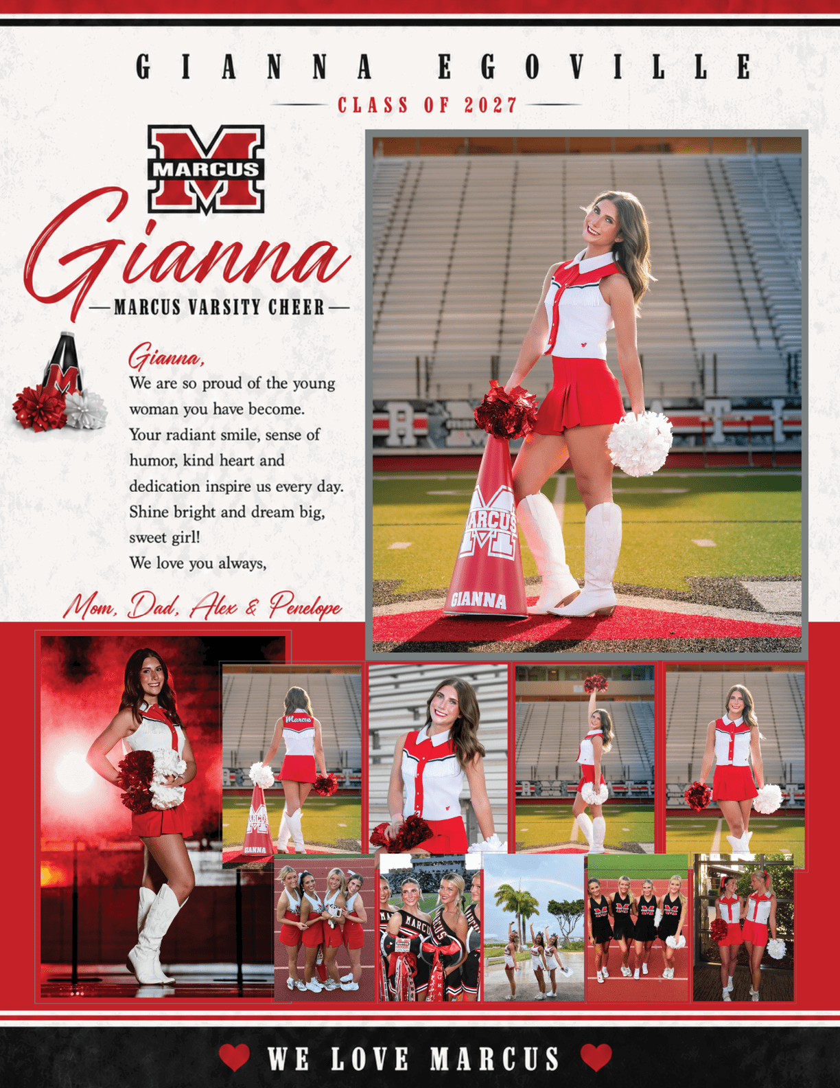 A collage celebrating a varsity cheerleader named Gianna from Marcus High School with multiple photos of the cheerleader in uniform holding pom-poms and a megaphone on a football field, accompanied by a heartfelt message from family and a banner expressing love for Marcus. Description generated by AI