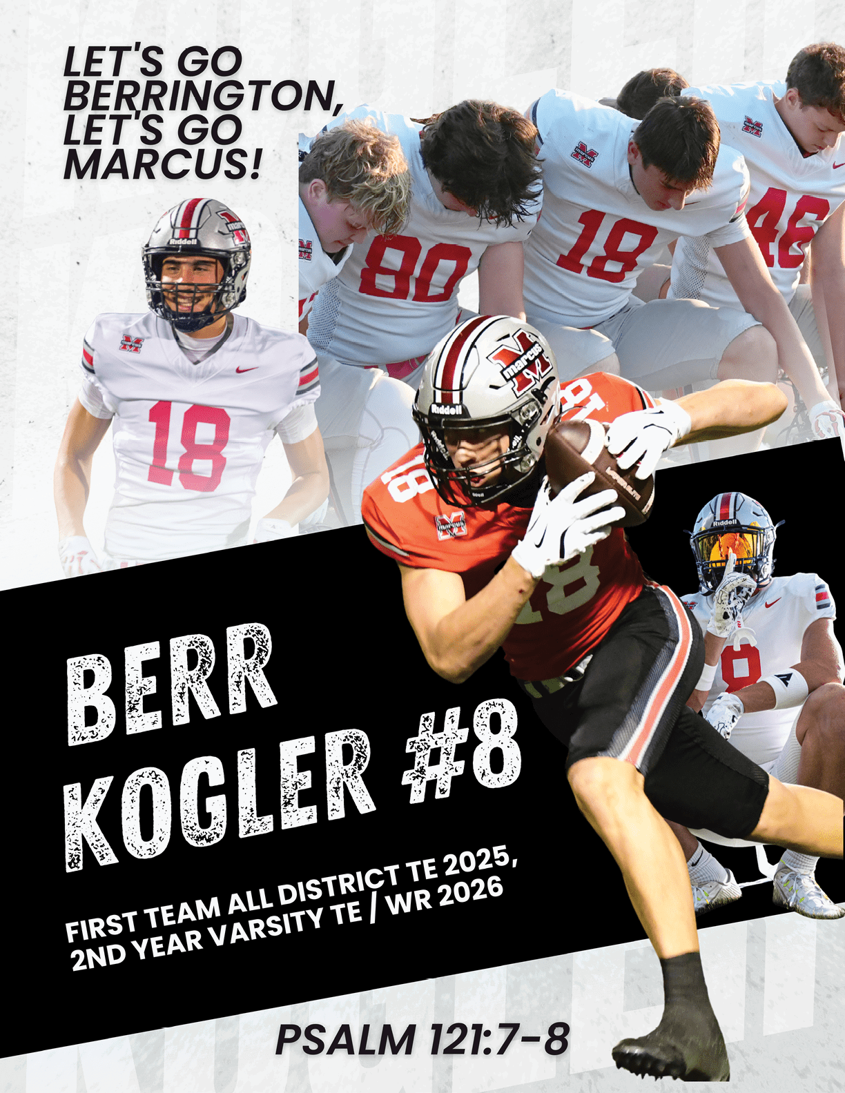 A collage features athletes in football uniforms with one player in an orange jersey running with the ball and others in white jerseys kneeling or standing, accompanied by motivational text and a scripture reference. Description generated by AI