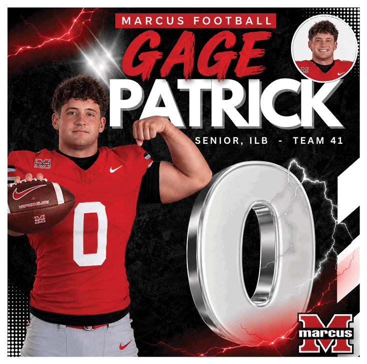 A person wearing a red football jersey with the number zero is flexing one arm while holding a football, with bold text displaying the name Patrick and a large metallic number zero next to them. Description generated by AI
