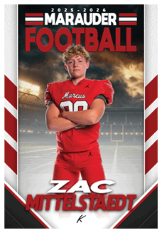 A person in a red football uniform with the name Marcus and number 88 stands with arms crossed on a football field under a dramatic sky, with bold text reading 2025-2026 Marauder Football and the name Zac Mittelstaedt. Description generated by AI