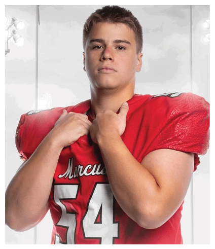 A person wearing a red sports jersey with the number 54 and the name “Marcus" is holding the collar of the jersey with both hands. Description generated by AI
