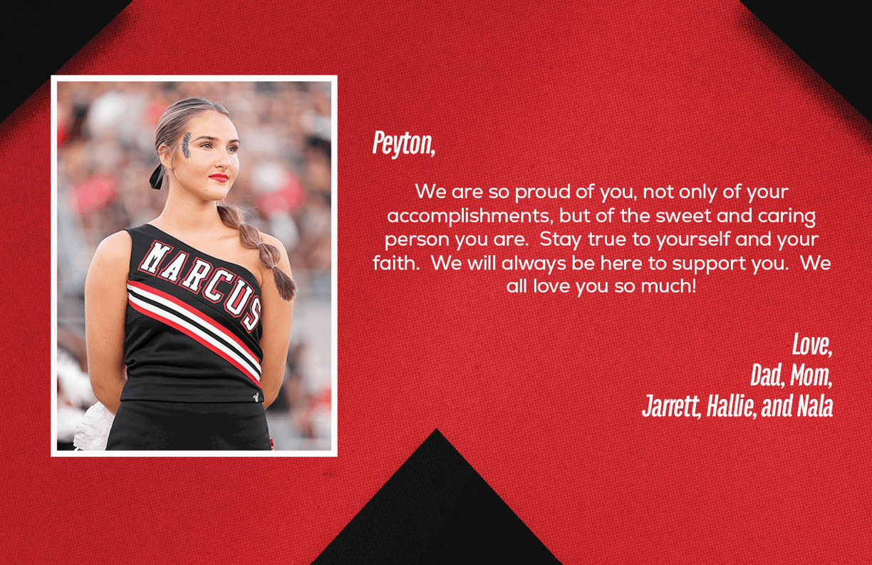 A person wearing a cheerleading uniform with the word Marcus stands next to a heartfelt message on a red and black background expressing pride and love from family members. Description generated by AI