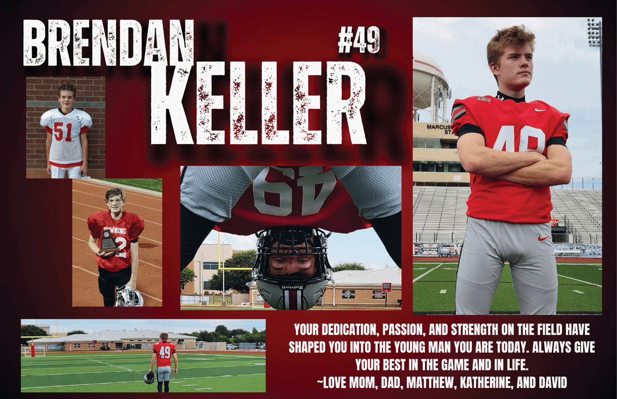 A collage of a person in a red and white football uniform with the number 49, including action shots on a field and a motivational message from family members. Description generated by AI