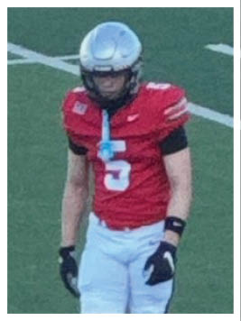 A person wearing a red football jersey with the number five, white pants, black gloves, and a silver helmet is standing on a green football field. Description generated by AI