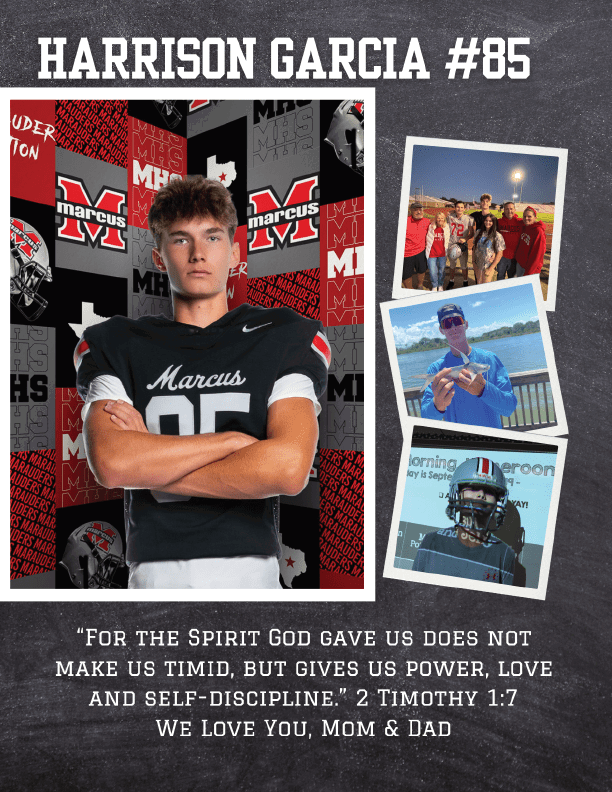 A person wearing a black sports jersey with the number 85 stands with arms crossed against a background featuring the word Marcus and a large letter M, accompanied by three smaller photos of groups and individuals, and a motivational quote from 2 Timothy 1:7 expressing love from parents. Description generated by AI