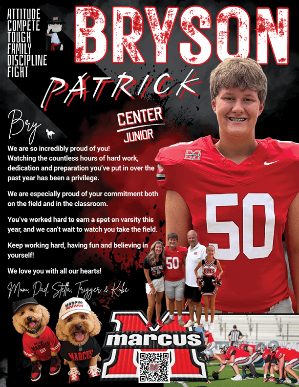 A sports tribute poster features a smiling person in a red football jersey with the number 50, surrounded by supportive messages, a small group of people in sports and cheer attire, two dogs wearing sports gear, and motivational words emphasizing attitude, competition, family, discipline, and fight. Description generated by AI