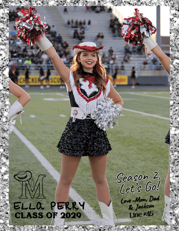 A person in a sequined dance team uniform with a fringed top, cowboy hat, and boots is smiling and holding pom-poms on a football field with bleachers and spectators in the background. Description generated by AI