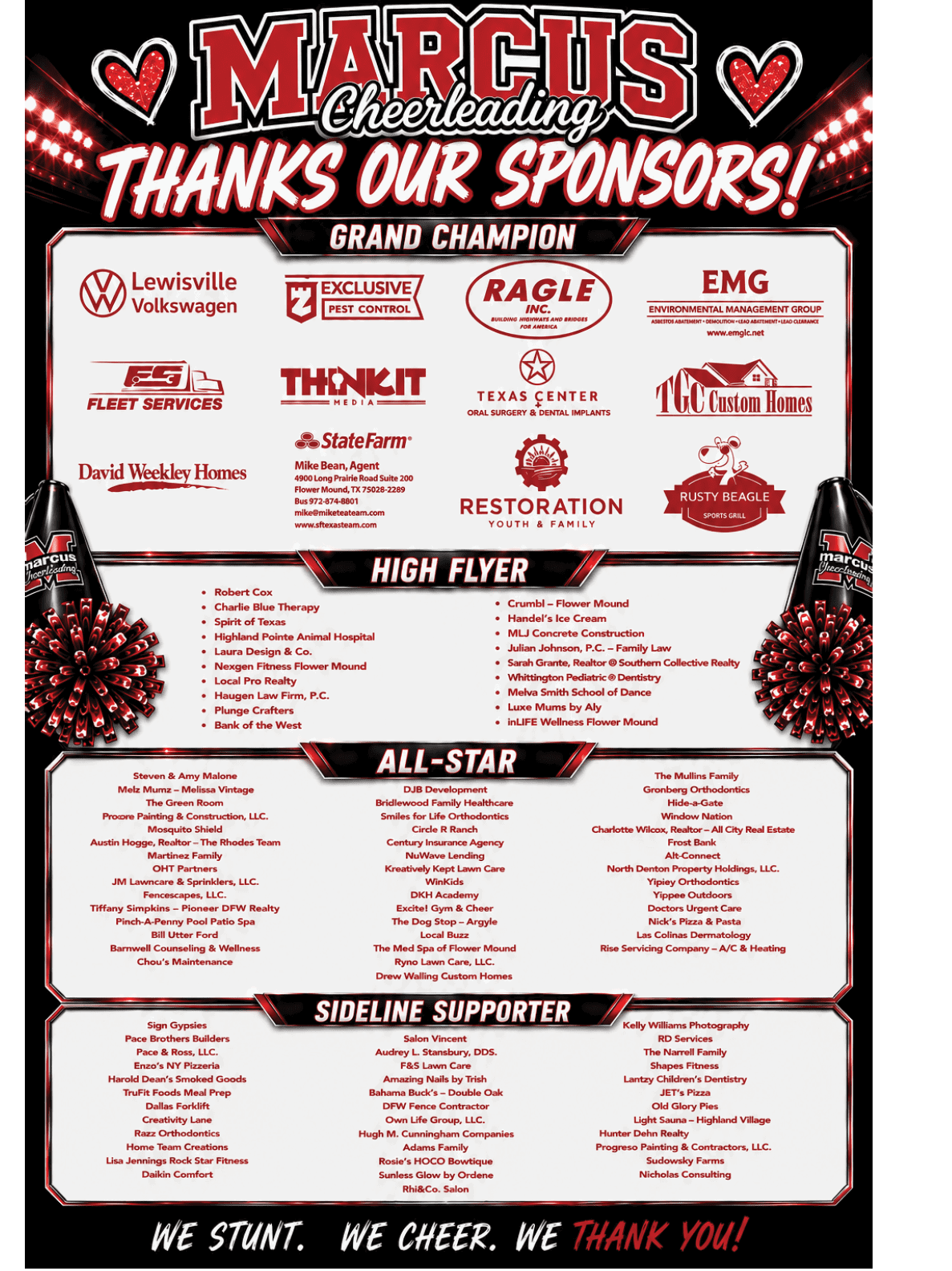 A colorful cheerleading thank you banner displays various sponsor logos and names organized under categories like Grand Champion, High Flyer, All-Star, and Sideline Supporter with a festive background of lights and pom-poms. Description generated by AI