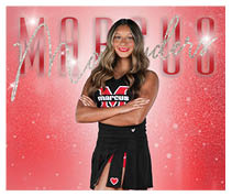 A person with long wavy hair wearing a black cheerleading uniform with red and white accents stands confidently with arms crossed against a red glittery background with the word “Marauders" in large letters. Description generated by AI