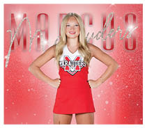 A person with long blonde hair wearing a red and white cheerleading uniform with the word Marauders stands confidently with hands on hips against a red glittery background. Description generated by AI