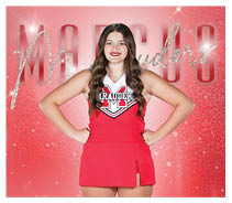 A person with long wavy hair wearing a red cheerleading uniform with the word “Marauders" stands confidently with hands on hips against a red glittery background. Description generated by AI