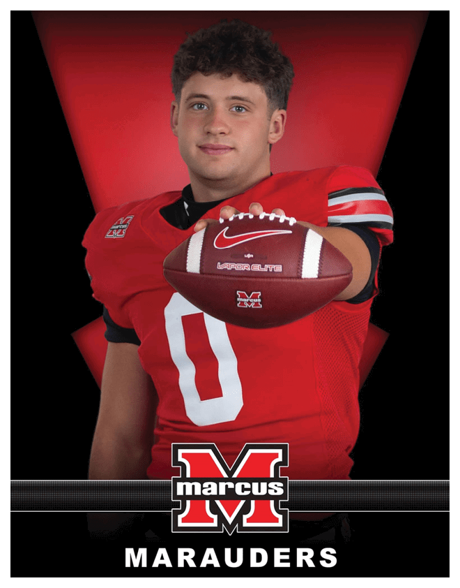 A person wearing a red football jersey is holding a football towards the camera against a red and black background. Description generated by AI