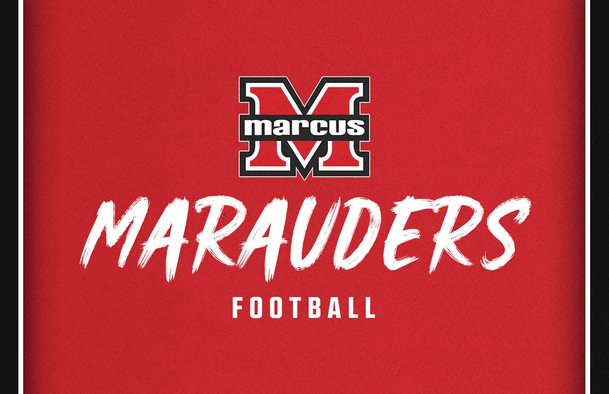 A red background with a large letter M featuring the word Marcus inside it and the words Marauders and Football below in bold white text. Description generated by AI